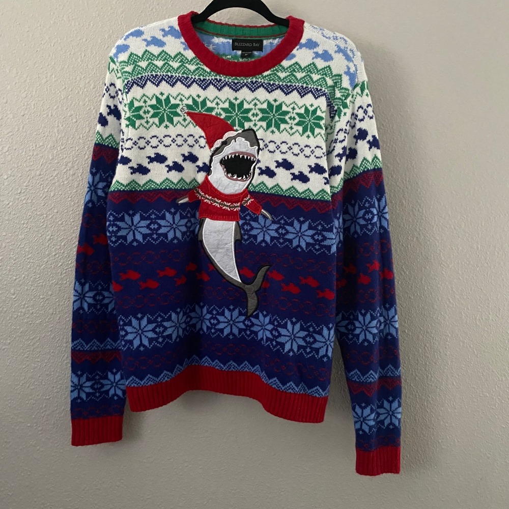 Blizzard Bay Shark Ugly Christmas Sweater Medium Holiday Party Faire Isle Funny